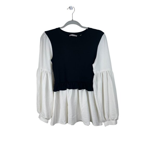 Patrizia Luca Colorblock Peplum Top Banded Cuffs Shirttail hem - Picture 2 of 10